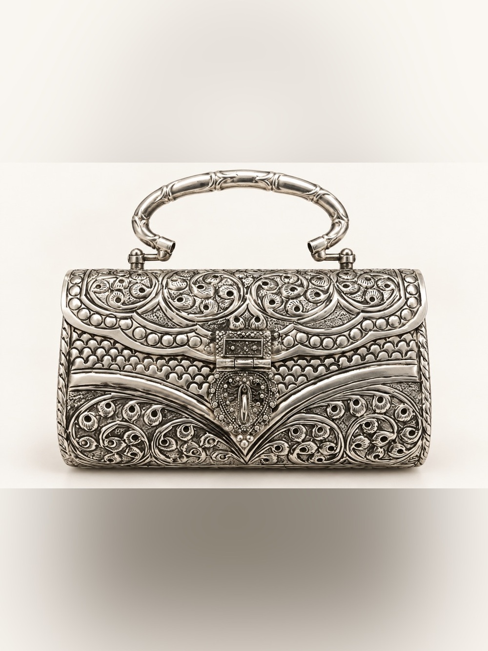 Embossed Silver-Tone Evening Clutch with Top Handle